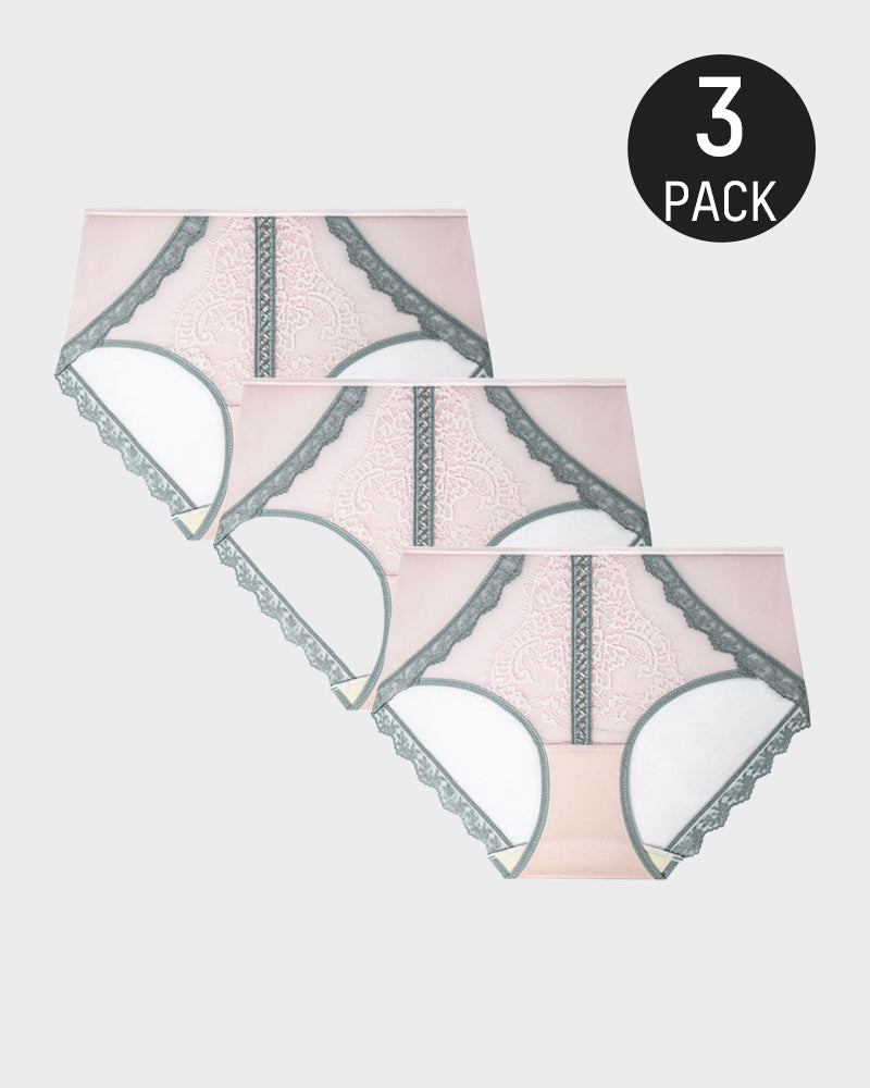 Elegant Antibacterial Mulberry Silk Mid-Waist Lace Panel Panties (3 Pack)