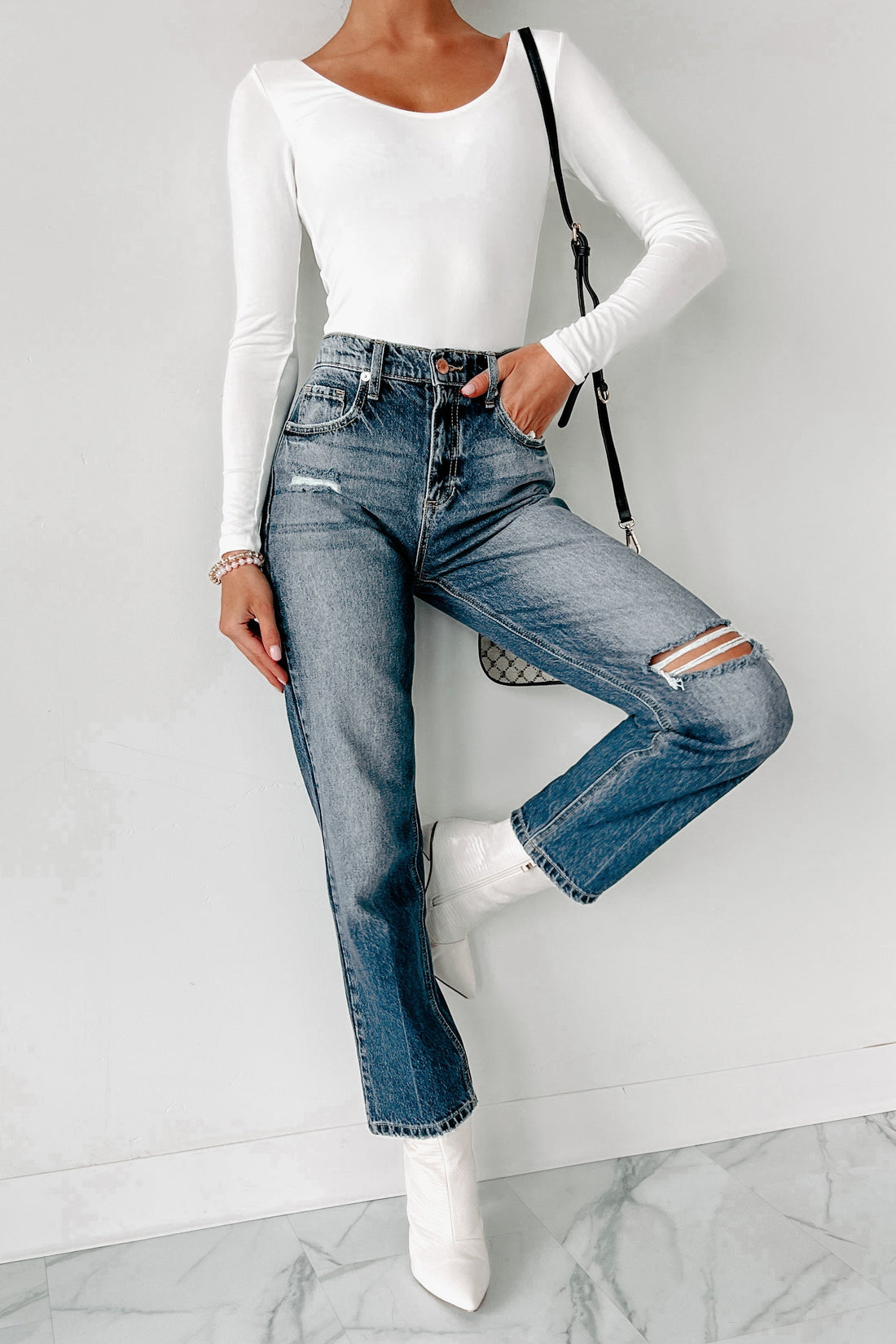 Shesways®Into It Distressed High Rise 90s Straight Leg Jeans (Medium Dark)
