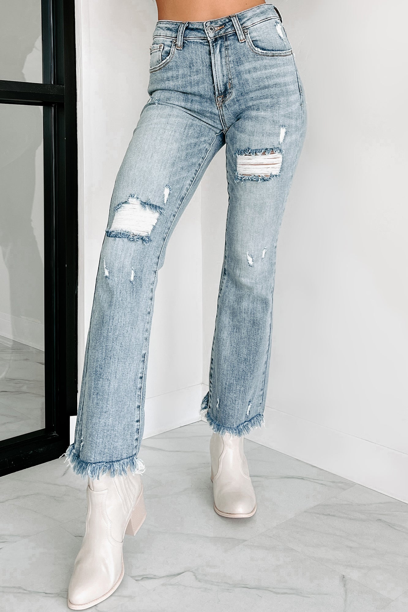 Shesways®Figuring You Out High Rise Distressed Risen Flare Jeans (Light)