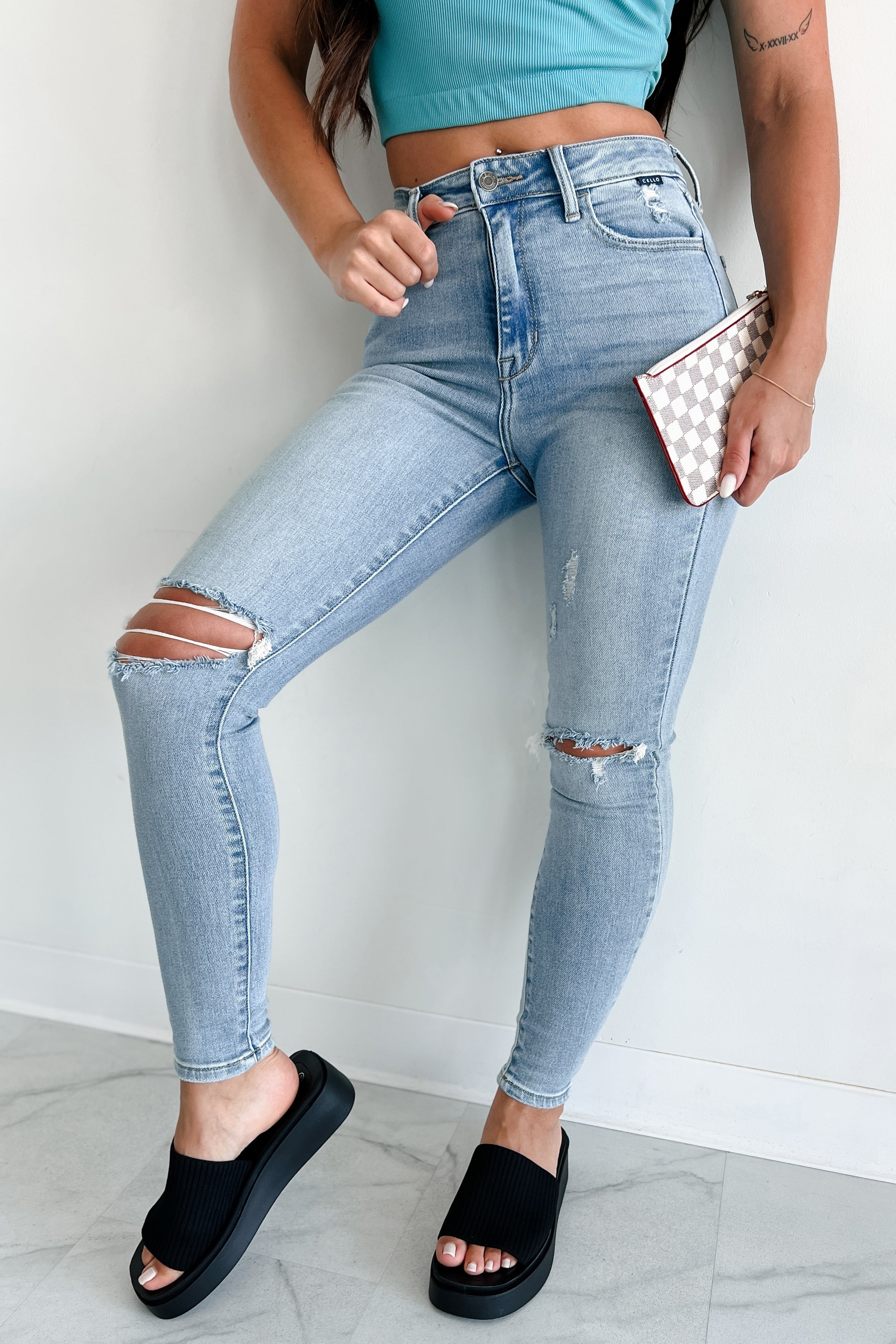 Shesways®Say It Louder High Rise Distressed Cello Skinny Jeans (Light Denim)