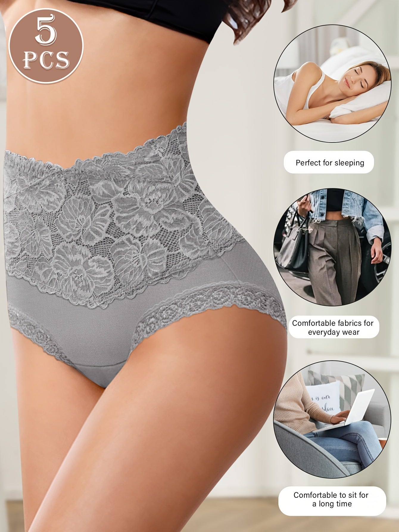 High Waist Cotton Panties for Women – Breathable Lace Trim Briefs, Comfortable & Flattering