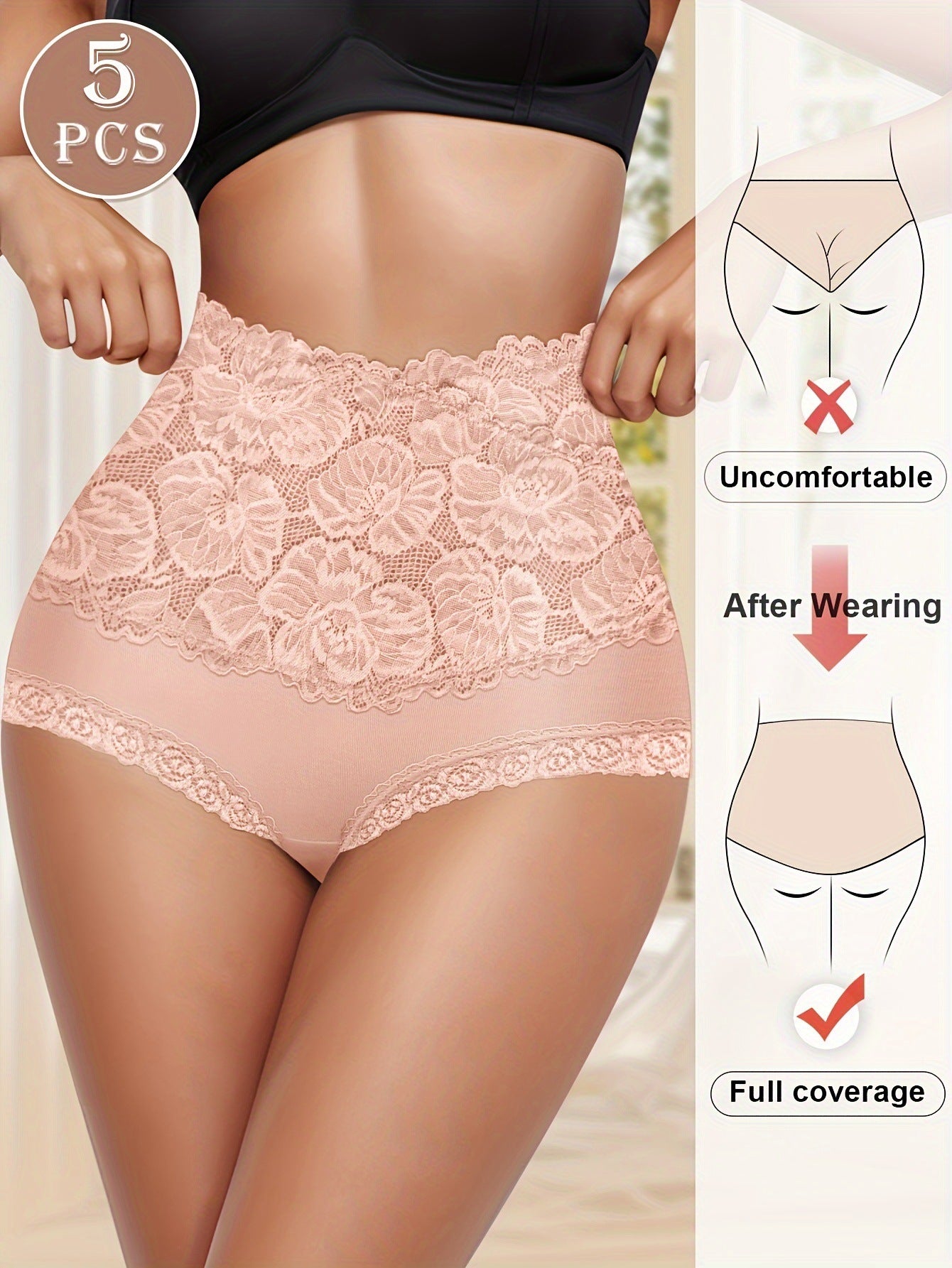 High Waist Cotton Panties for Women – Breathable Lace Trim Briefs, Comfortable & Flattering