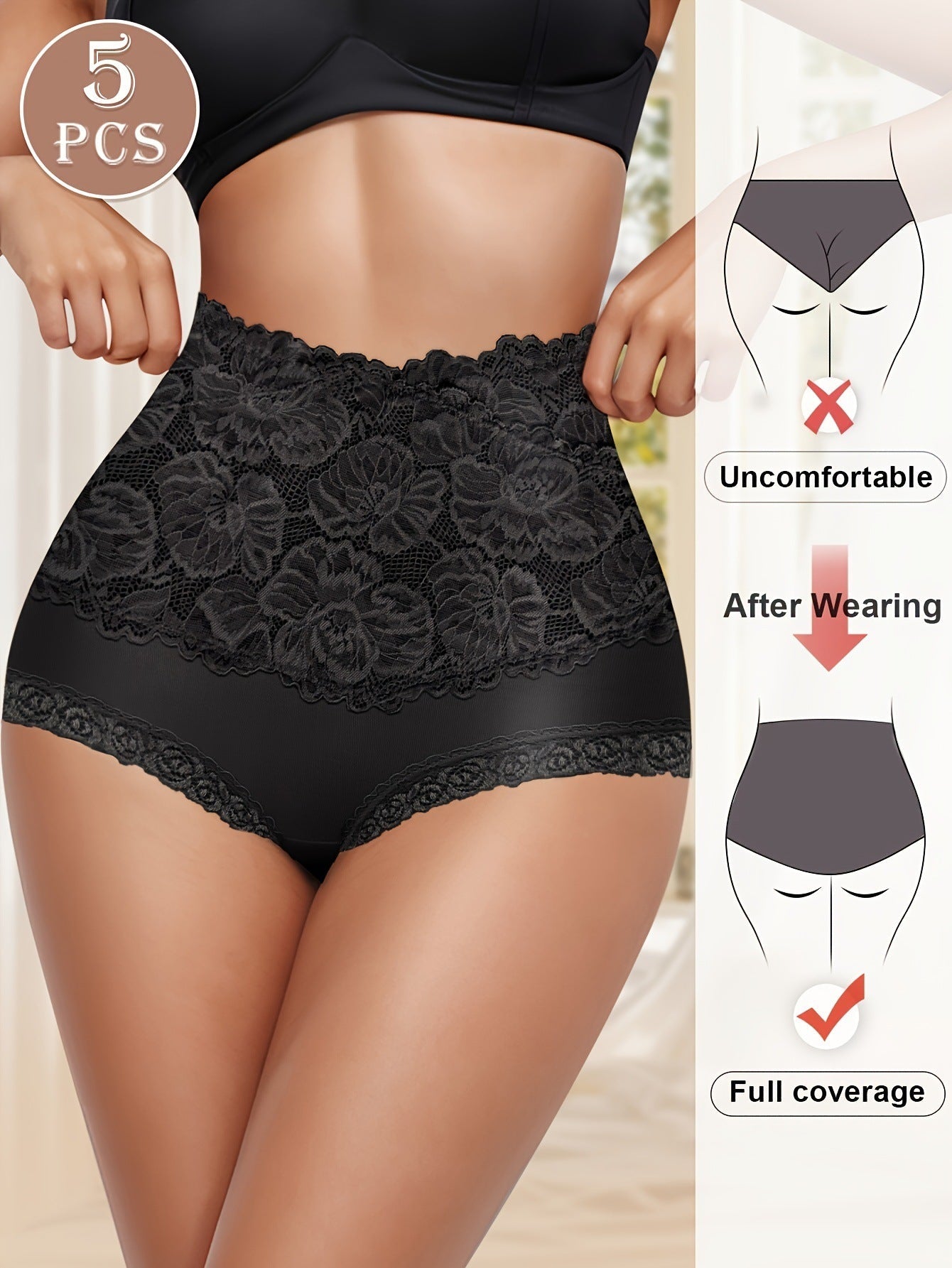 High Waist Cotton Panties for Women – Breathable Lace Trim Briefs, Comfortable & Flattering
