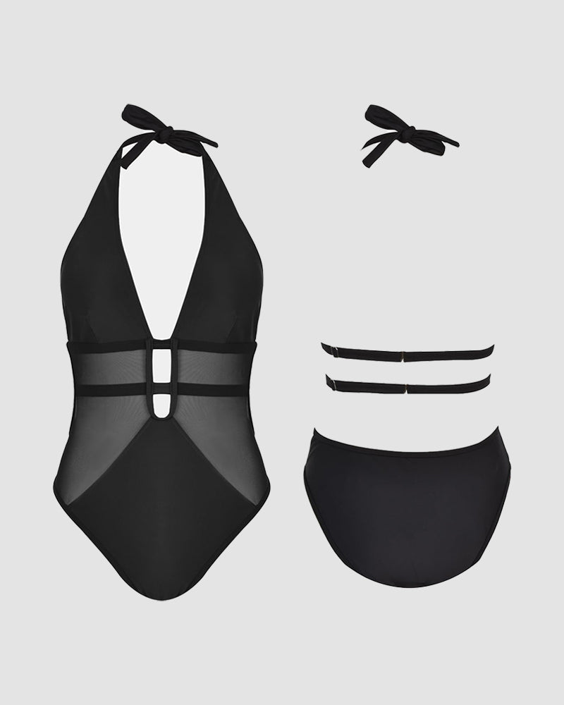Shesways® Mesh Deep V Halter One Piece Swimsuit