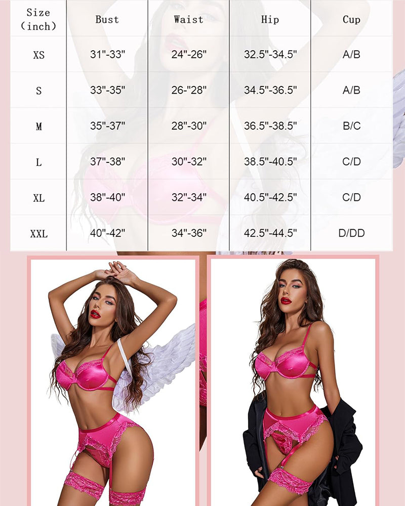 5-Piece Satin Lace Lingerie Set with Underwire Bra, Panty & Garter Belts