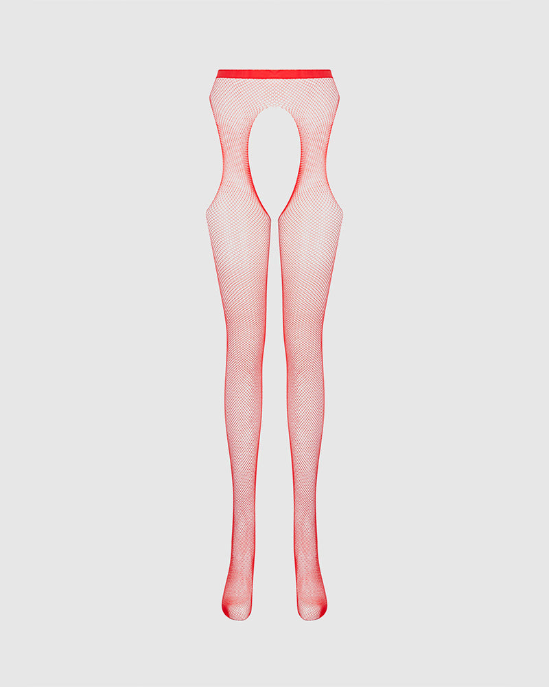 Red Sheer Fishnet Open-Crotch Tights
