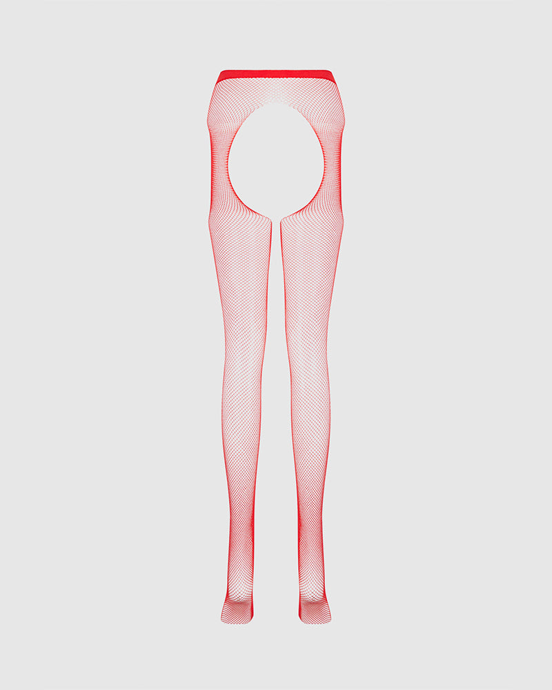 Red Sheer Fishnet Open-Crotch Tights