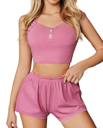 Sexy Lace Trim Ribbed Cami Shorts Pajama Set for Women
