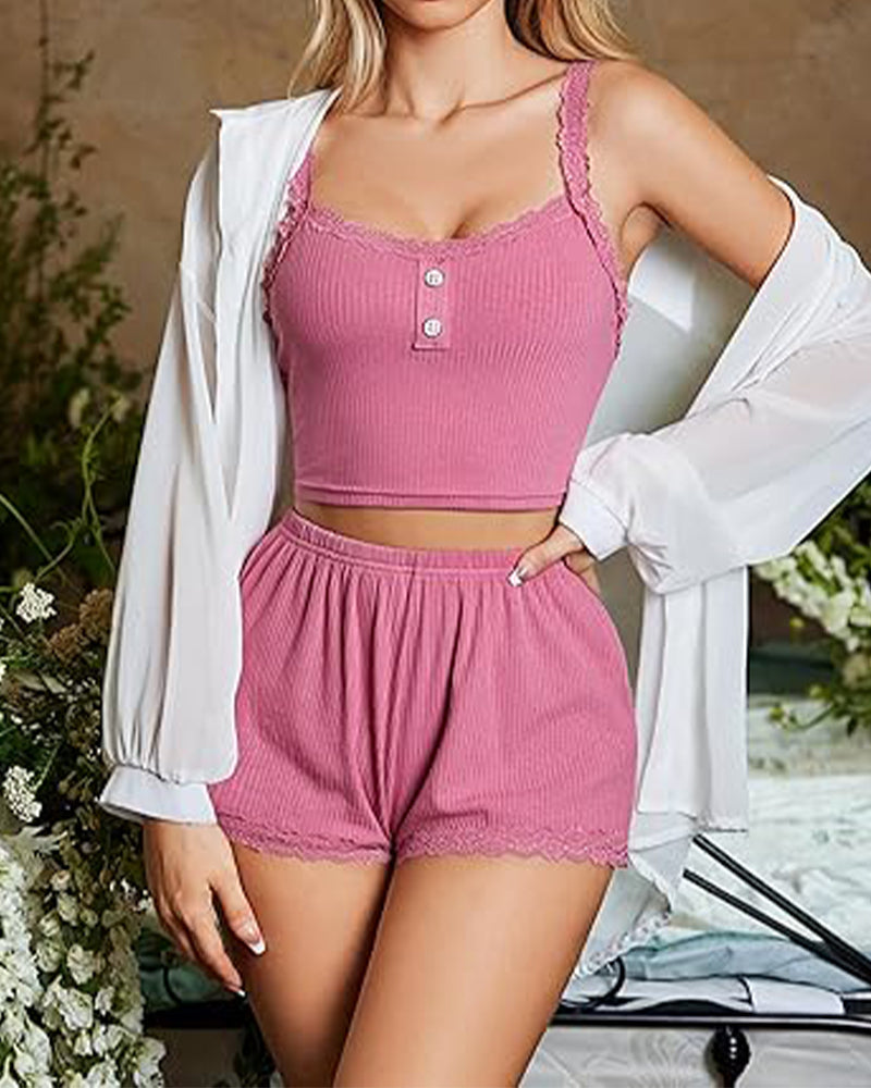 Sexy Lace Trim Ribbed Cami Shorts Pajama Set for Women