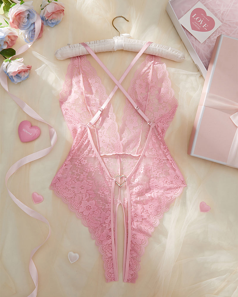 Valentine’s Day Sexy Lace Bodysuit with Heart Rhinestone & Criss-Cross Back