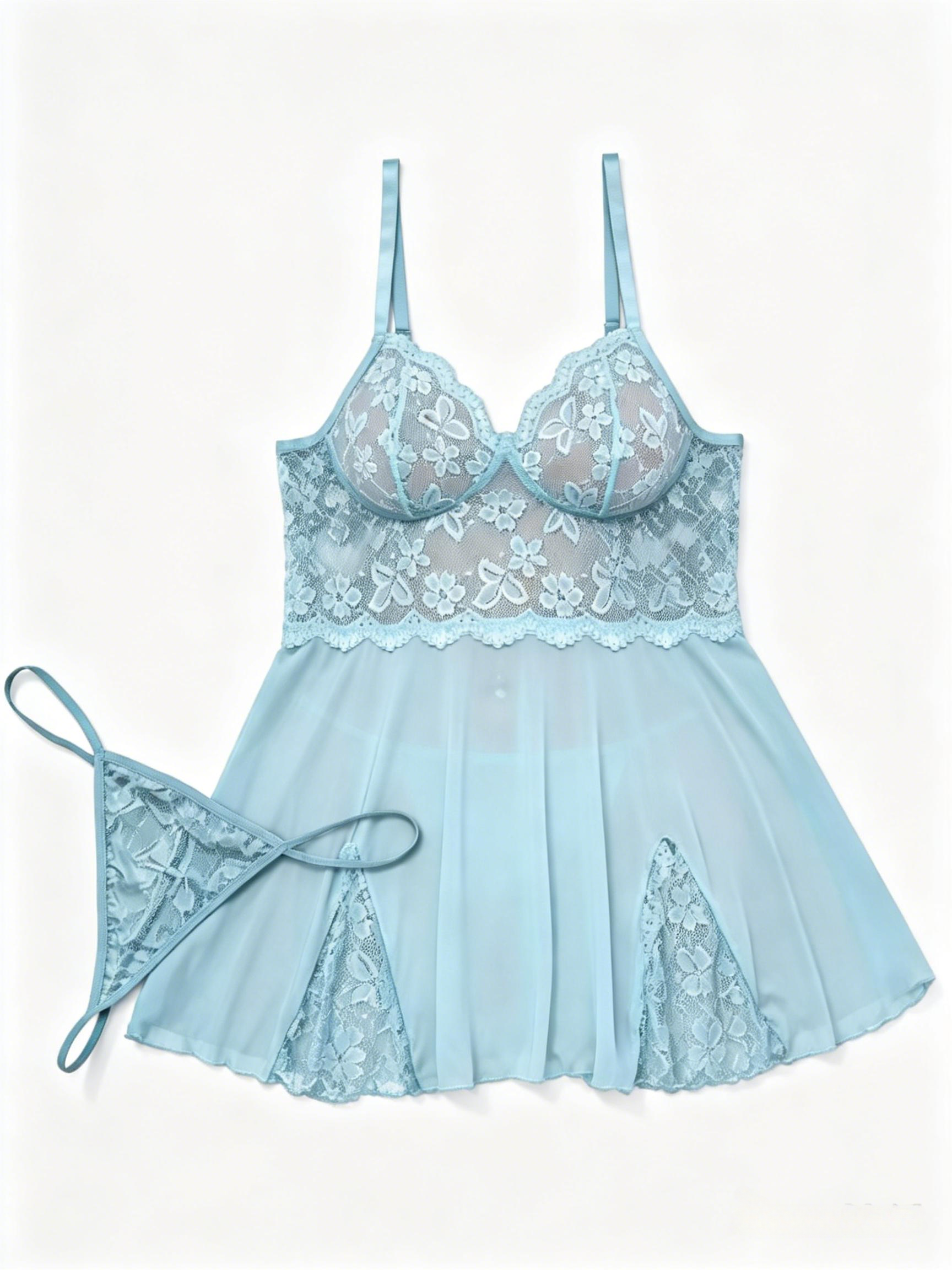Sexy Plus Size Lace & Mesh Slit Slip Dress with G-String