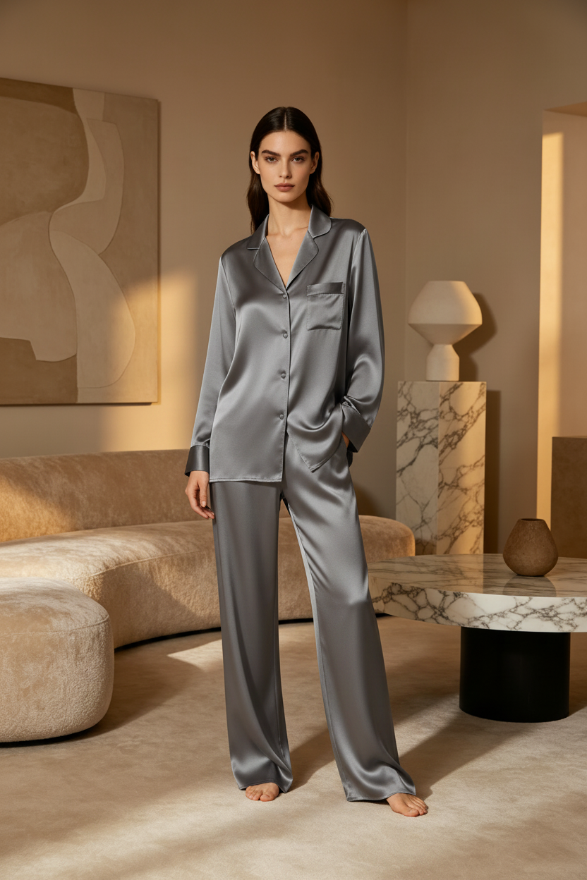 Luxury Satin Long Sleeve Pajama Set - Champagne Gold